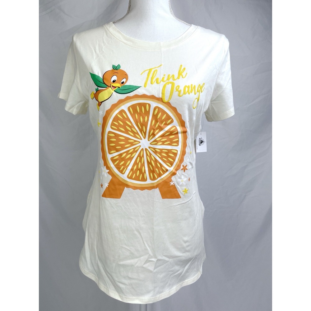 New Disney Women M Yellow Think Orange Bird Epcot Short Sleeve Shirt Top Flower
